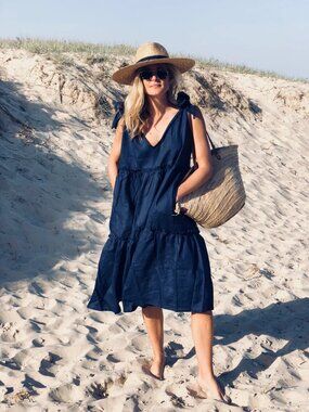 LJC Designs 100% Linen Navy Blue Sleeveless Tiered Sundress S Shoulder Ties Boho